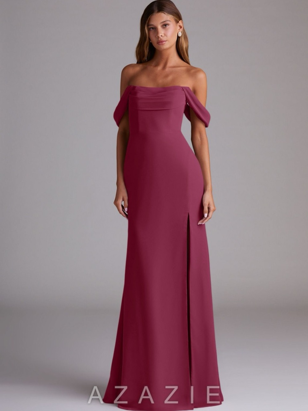 Azazie Burgundy Off-Shoulder Maxi Gown